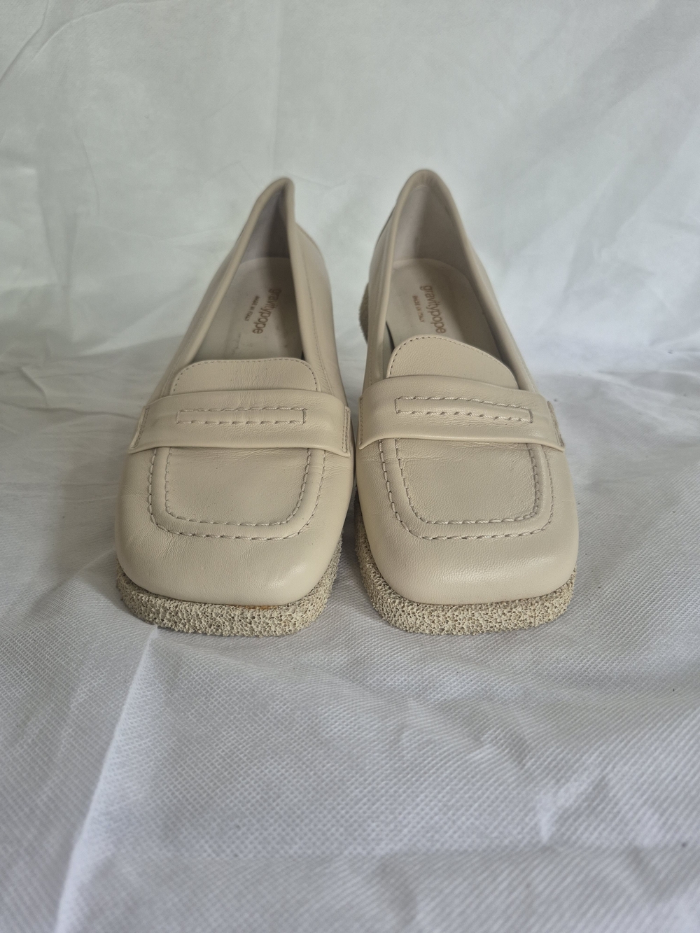Cream Leather Penny Loafers with Textured Sole